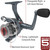 Quantum Optix spinning reel graphic outlining features like the 4 bearings and lightweight graphite frame