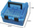 Translucent blue MTM Case-Gard R-100-MAG deluxe magnum rifle ammo box with length width and height dimensions diagram