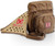 Angled perspective view of a tan Hornady binocular pouch case and matching mesh shoulder harness assembly on a white background