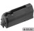 Front angle view of a matte black 5-round flush-fit factory magazine for the Ruger American Rifle, highlighting the locking latch and top cartridge positioning groove.