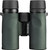 Close up rear layout view showing the twist up eyecups and central hinge assembly of green binoculars