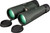Three quarter perspective studio view of green binoculars with black objective lens caps hanging down below the lenses
