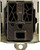 Front view of a dark matte trail camera secured inside the open bottom portion of the steel security box
