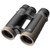 Angled front view of tan Burris Signature HD roof prism binoculars displaying the objective lenses on a white background