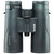 Front view of dark green roof prism binoculars standing upright on a clean white background