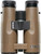 Close-up top view of the center focus wheel and bridge of tan Bushnell Forge binoculars on a white background