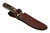 Old Timer 165OT Woodsman fixed blade knife secured inside its brown leather belt sheath on a white background