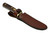 Alternate angled view of Old Timer 165OT Woodsman hunting knife tucked securely inside its brown leather sheath