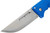 Close-up of the satin finished drop point blade on a blue Cold Steel Finn Wolf folding knife