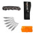 Product kit layout showing a black folding knife, six replacement blades, a black nylon belt sheath, and an orange blade remover box on a white background