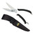 Outdoor Edge GameShears with textured black handles displayed open alongside their heavy duty black nylon belt sheath