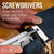 Infographic showing a hand using a flathead screwdriver bit on a mechanical component with text Screwdrivers