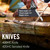 Close-up lifestyle image highlighting the knife blades on a wood block with infographic overlay text Knives