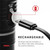 Close-up infographic showing a USB charging cable plugging directly into the side port of the flashlight
