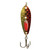 A fishing lure with a green, yellow, and orange design. The fire tiger Clacker Lures have a unique 'clacker' design that mimics the sound of feeding fish, attracting predatory species. Suitable for various species, these spoons are perfect for trolling, casting, and jigging. The reflective platinum finish ensures visibility underwater. Get your best-kept secret fishing tool at theoutdoorsman.ca.