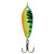 A fishing lure with a green, yellow, and orange design. The fire tiger Clacker Lures have a unique 'clacker' design that mimics the sound of feeding fish, attracting predatory species. Suitable for various species, these spoons are perfect for trolling, casting, and jigging. The reflective platinum finish ensures visibility underwater. Get your best-kept secret fishing tool at theoutdoorsman.ca.