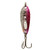 A pink and silver lure with a hook. This Red Chrome Clacker Lure is designed to attract fish with its shiny finish and clacker mechanism. Perfect for trolling, casting, and jigging. Get yours now at theoutdoorsman.ca.