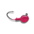 A pink fishing lure with a hook on it, part of a collection of 12 walleye jigs with various designs and colors.
