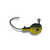 A yellow and black fishing lure with 3D eyes on a white background, suitable for catching walleye and other fish species