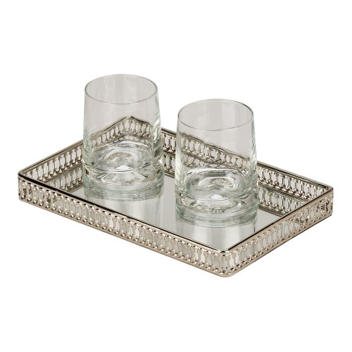 Silver Toned Nickel Plated Mirrored Serving Vanity Tray With 2 Glasses