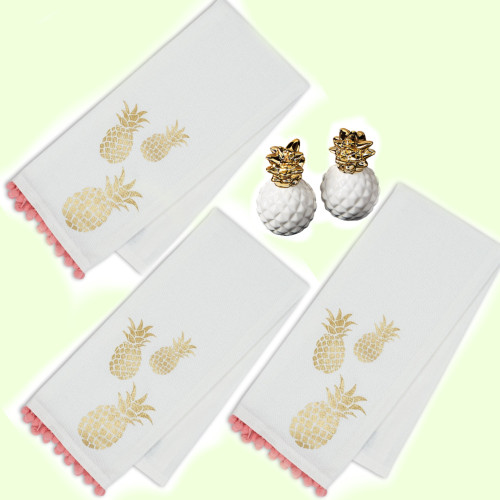 Pineapple Design 3 Dishtowel and Salt and Pepper Home Bar Gift Set 