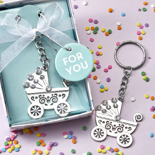 2 Baby Carriage Silver Metal Key Chain Favors With 1 in Gift Box