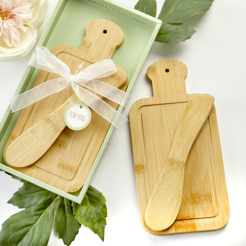 2 Bamboo Wood Cheese Board and Speader Set With 1 Gift Boxed