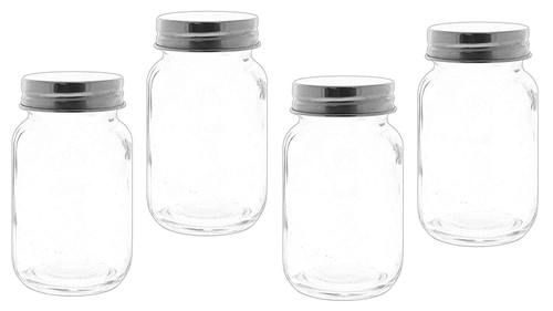 4 Glass Mason Jars With Silver Metal Screw Top