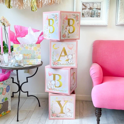 Pink Baby Elephant Baby Shower Block Box Set of 4