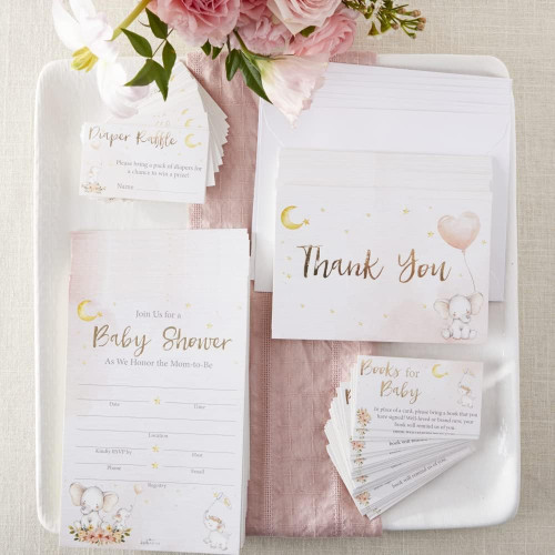 Elephant Baby Shower Pink Invite Thank You Card Set of 25