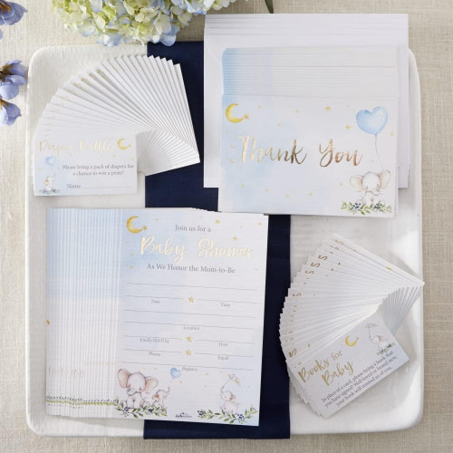 Elephant Baby Shower Blue Invite Thank You Card Set of 25