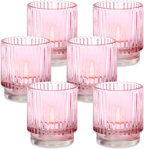 Ribbed Pink Glass Votive Candle Holder Set of 6