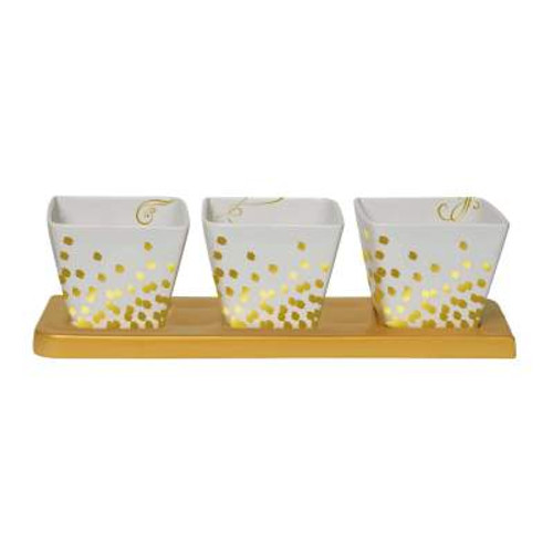 Relish Serving Tray Inset With 3 White Gold Design Bowls