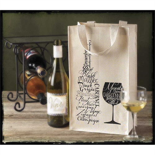 2 Bottle Jute 'Wine Bottle and Glass' Printed Wine Tote