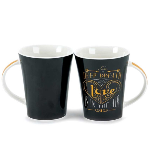 Back and Front View  of "Love is in the Air " Black & Gold Bone China Mug 