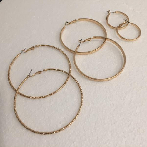 3 Pair Set Gold Metal Hoop Earrings 3 Sizes Free Shipping