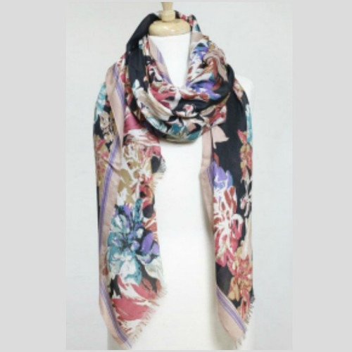 Richly Patterned Floral Scarf on Black