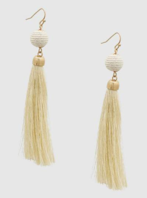 Cream Ball and Thread Tassels Gold Drop Earrings