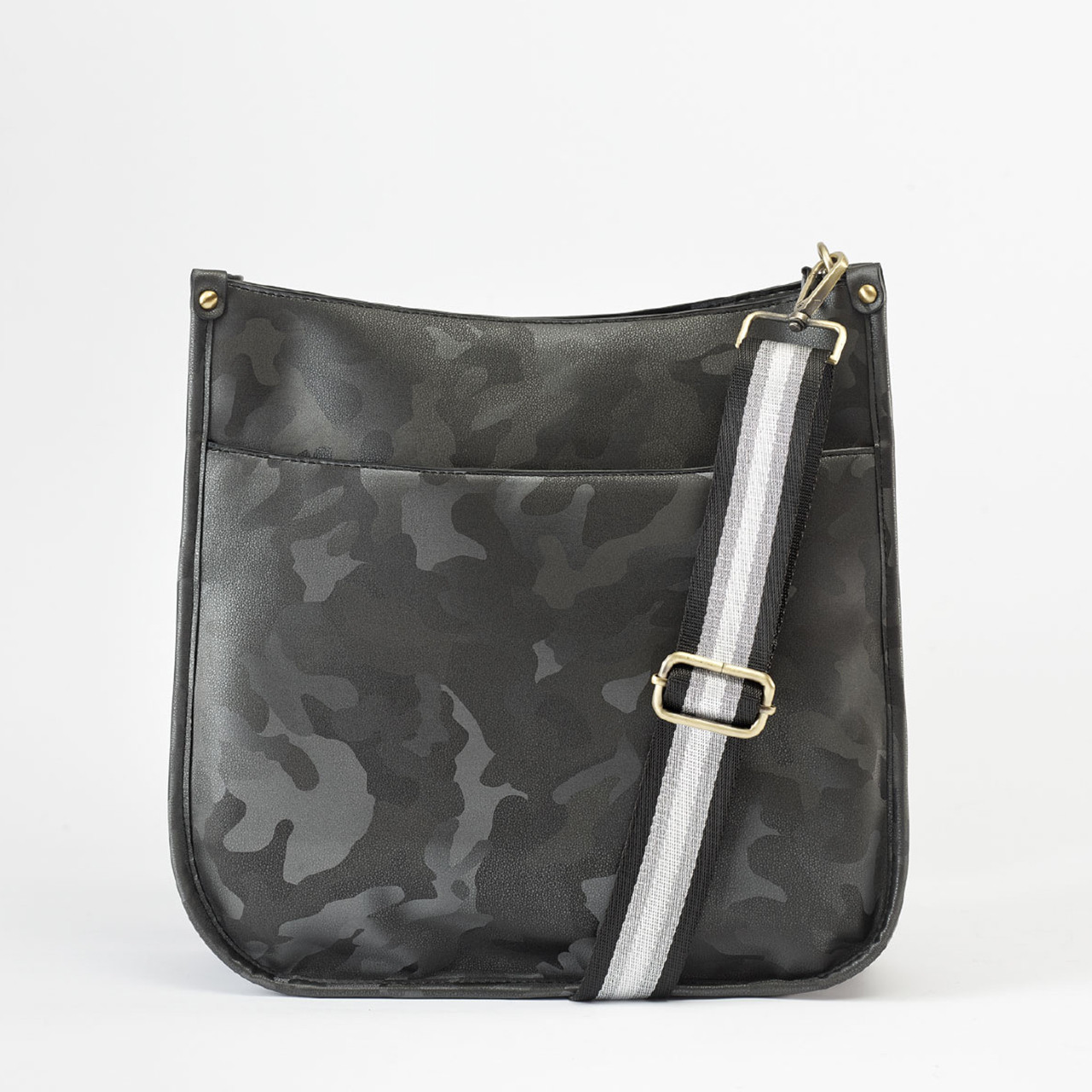 Ahdorned Black Vegan Leather Crossbody w/ Silver Camo Guitar Strap