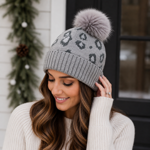 Gray Leopard Pom Beanie