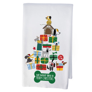 Woof Merry Christmas ultra-fiber hand towel with stacked dogs and gift boxes forming a Christmas tree on a white towel.