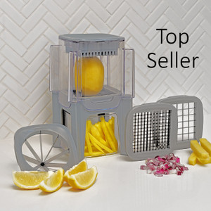 A gray 3-in-1 Speed Chopper is displayed with its interchangeable blades for dicing, wedging, and making french fries, surrounded by freshly cut onions, lemon wedges, and potato fries. A gray 3-in-1 Speed Chopper is displayed with its interchangeable blades for dicing, wedging, and making french fries, surrounded by freshly cut onions, lemon wedges, and potato fries.