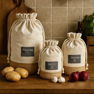 The set of three potato, onion, and garlic storage bags are displayed in a rustic pantry setting, sitting on a wooden shelf next to other kitchen essentials.
Search Terms The set of three potato, onion, and garlic storage bags are displayed in a rustic pantry setting, sitting on a wooden shelf next to other kitchen essentials.
Search Terms
