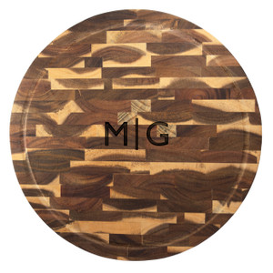 Acacia Round End Grain Board - Engraved Split Monogram Acacia Round End Grain Board - Engraved Split Monogram