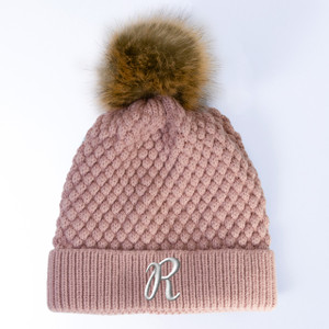 Blush Bubble Knit Pom Beanie - Embroidered Blush Bubble Knit Pom Beanie - Embroidered
