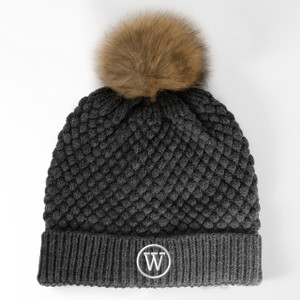Dark Gray Bubble Knit Pom Beanie - Embroidered Dark Gray Bubble Knit Pom Beanie - Embroidered