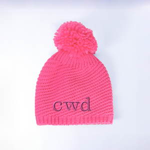 Neon Pink Pom Beanie - Embroidered Neon Pink Pom Beanie - Embroidered