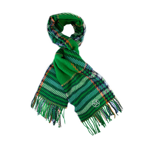 Kelly green plaid scarf with fringe and subtle embroidered monogram on a white background Kelly green plaid scarf with fringe and subtle embroidered monogram on a white background