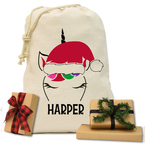 Santa Unicorn Natural Drawstring Gift Sack Santa Unicorn Natural Drawstring Gift Sack