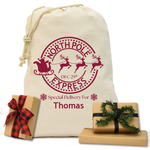 North Pole Express Natural Drawstring Gift Sack